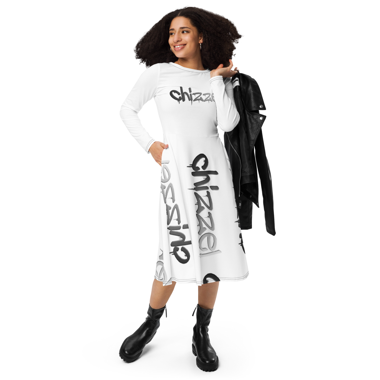All-over print long sleeve midi dress
