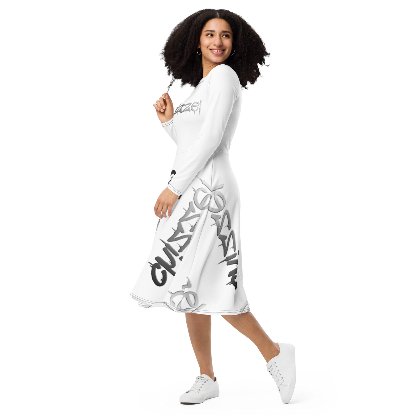 All-over print long sleeve midi dress