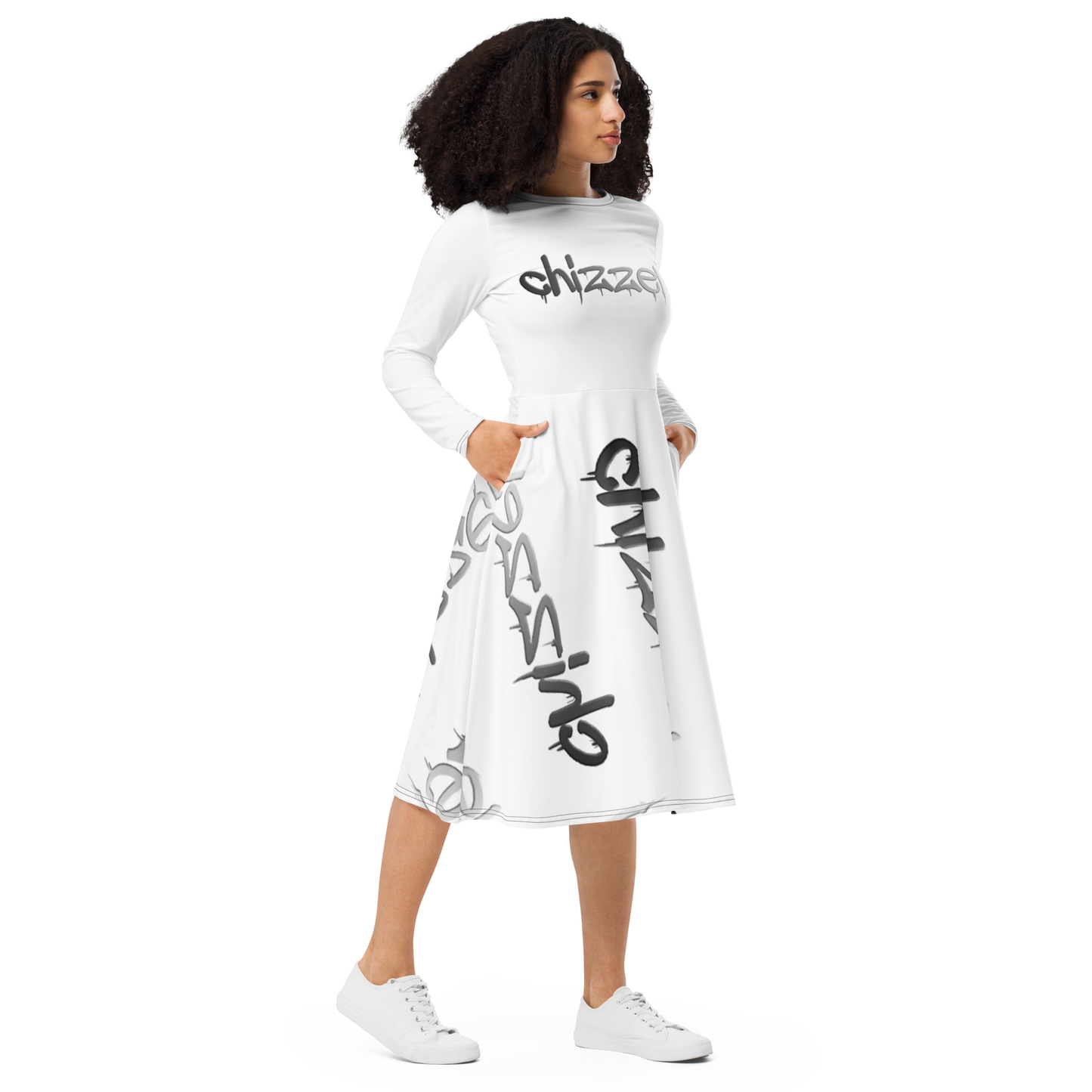 All-over print long sleeve midi dress